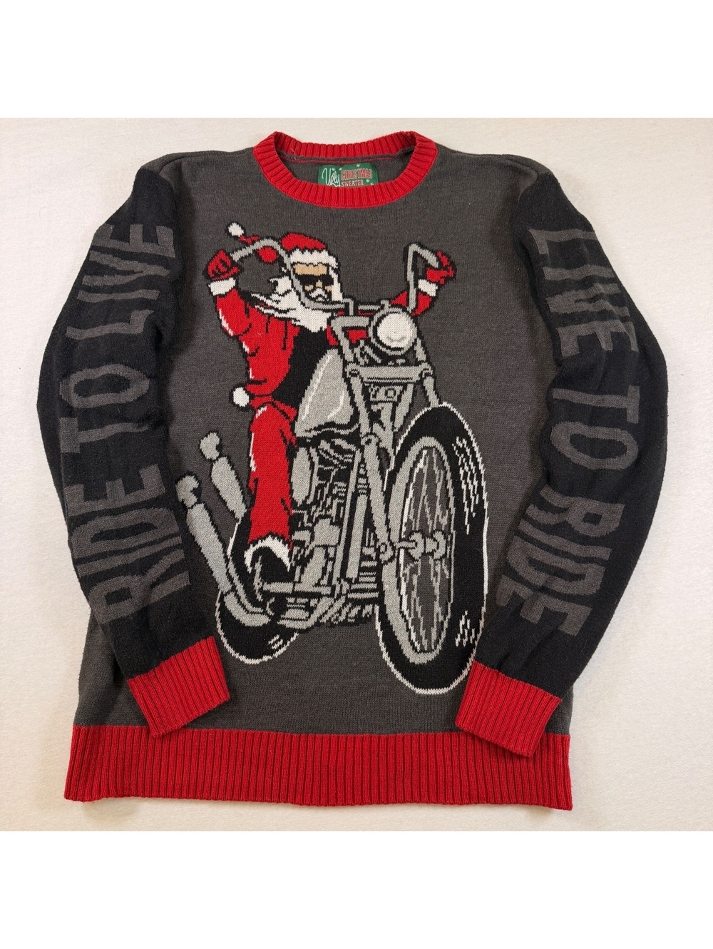 Ugly Christmas Sweater Biker Santa Ride To Live Mens M